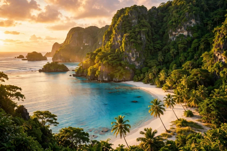 Florence Pugh Calls This Edenic Destination the ‘Eighth Wonder of the World’ A tropical paradise destination with turquoise water, lush cliffs and a pristine beach at golden hour.