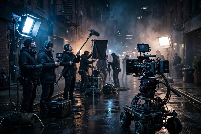 Natalie Portman and Jonathan Bailey Begin Filming Thriller ‘Pumping Black’ A moody thriller film set at night with a camera and dramatic lighting on a dark city street.